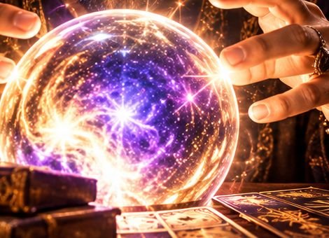 Boule de cristal lumineuse et cartes de tarot étalées sur une table